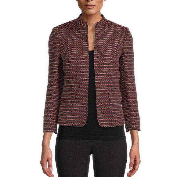 Anne Klein Seersucker Blazer Women's 14 LARGE Red Black Open-Front Mandarin‎ NEW - Picture 15 of 15
